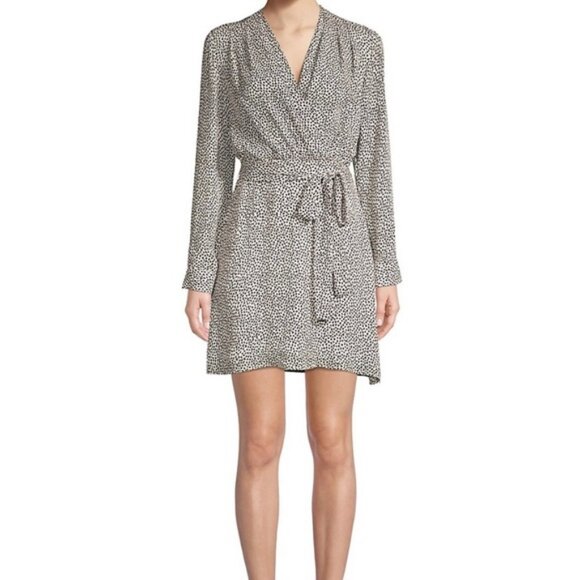 Women L'Agence Diego White Black Heart Print Long Sleeve Silk Faux Wrap Dress 8 - Picture 1 of 14